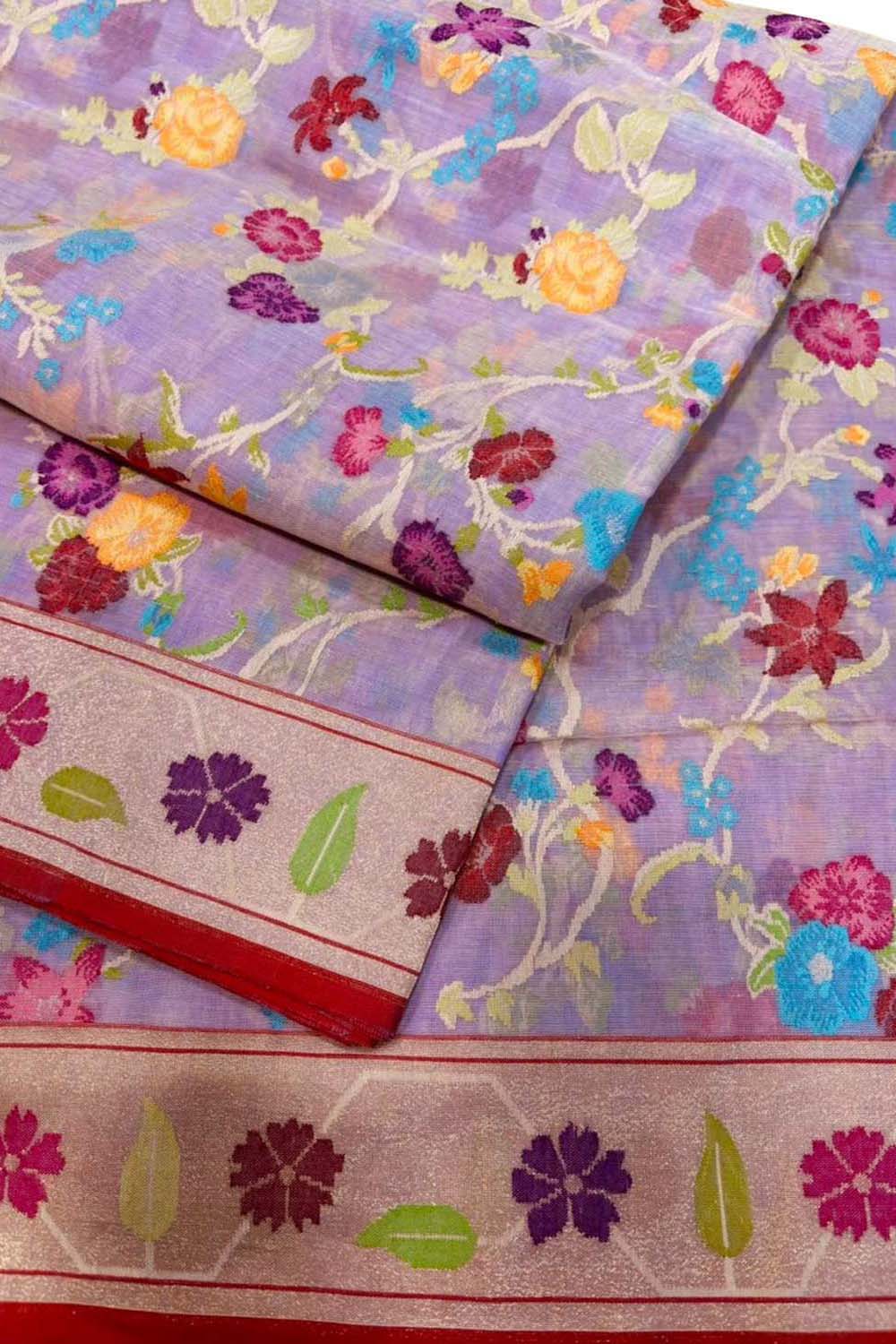 Purple Pure Banarasi Jamdani Handloom Real Zari Chauth Meenakari Cotton Saree - Luxurion World