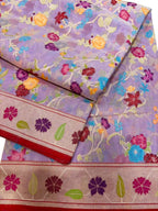 Purple Pure Banarasi Jamdani Handloom Real Zari Chauth Meenakari Cotton Saree - Luxurion World