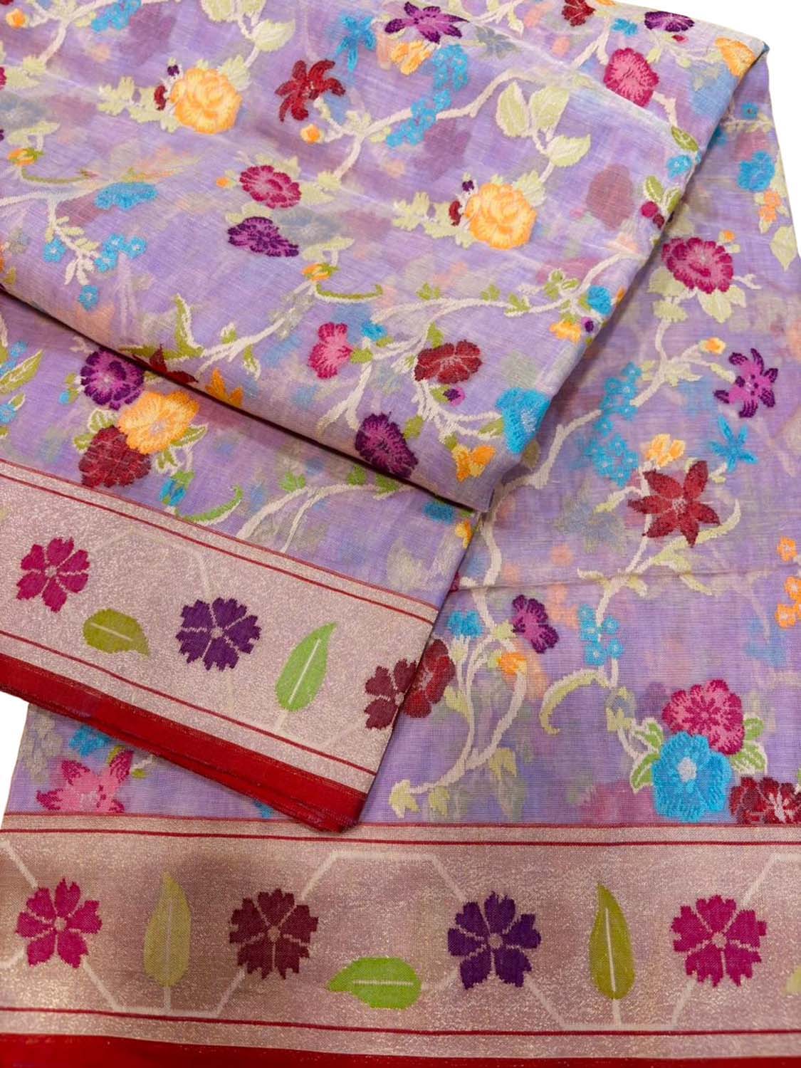 Purple Pure Banarasi Jamdani Handloom Real Zari Chauth Meenakari Cotton Saree - Luxurion World