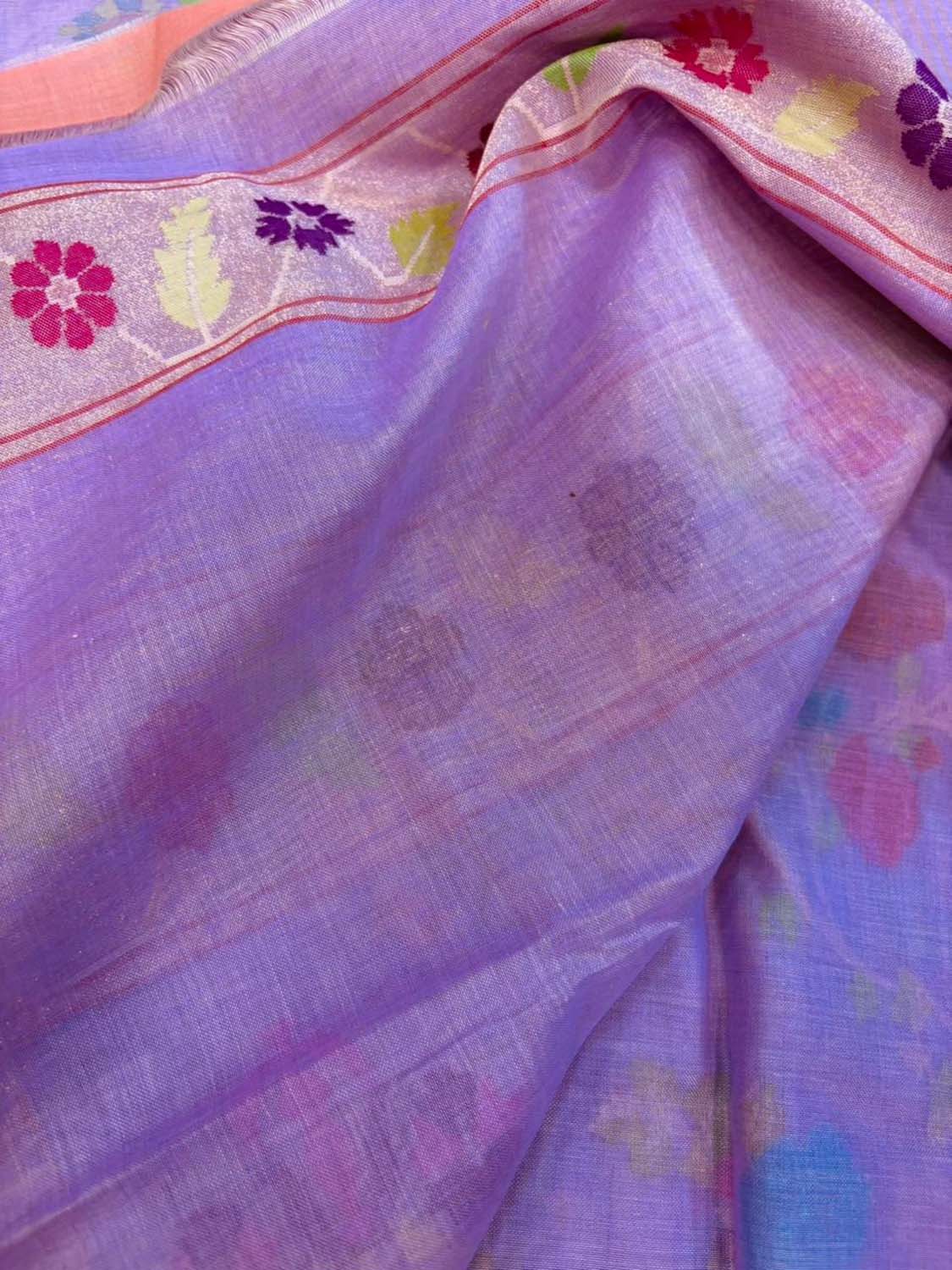 Purple Pure Banarasi Jamdani Handloom Real Zari Chauth Meenakari Cotton Saree - Luxurion World