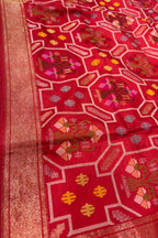 Red Pure Banarasi Jamdani Handloom Real Zari Chauth Meenakari Cotton Saree - Luxurion World