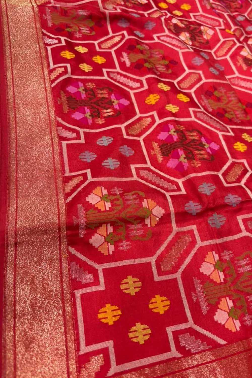 Red Pure Banarasi Jamdani Handloom Real Zari Chauth Meenakari Cotton Saree - Luxurion World