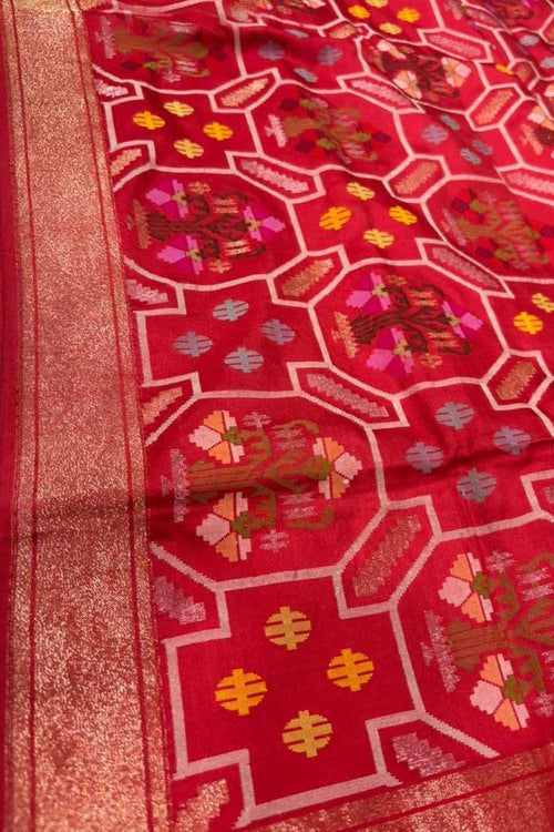 Red Pure Banarasi Jamdani Handloom Real Zari Chauth Meenakari Cotton Saree - Luxurion World