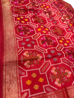 Red Pure Banarasi Jamdani Handloom Real Zari Chauth Meenakari Cotton Saree - Luxurion World