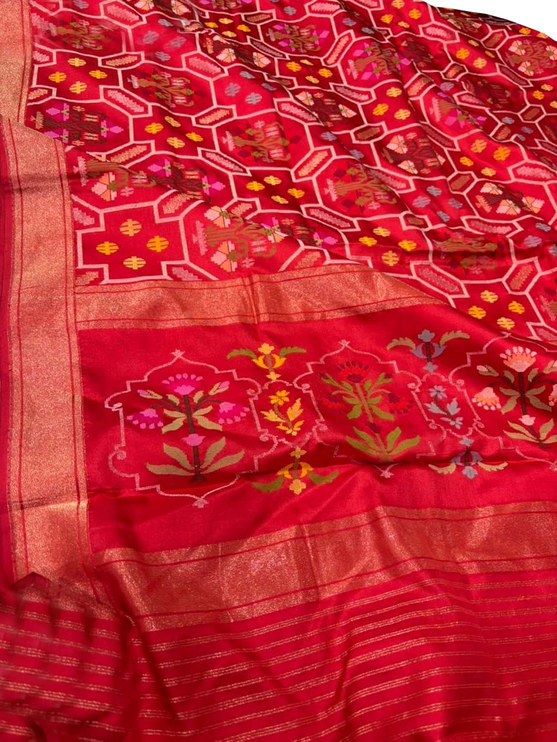 Red Pure Banarasi Jamdani Handloom Real Zari Chauth Meenakari Cotton Saree - Luxurion World