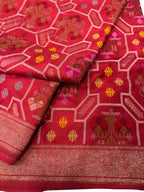 Red Pure Banarasi Jamdani Handloom Real Zari Chauth Meenakari Cotton Saree - Luxurion World