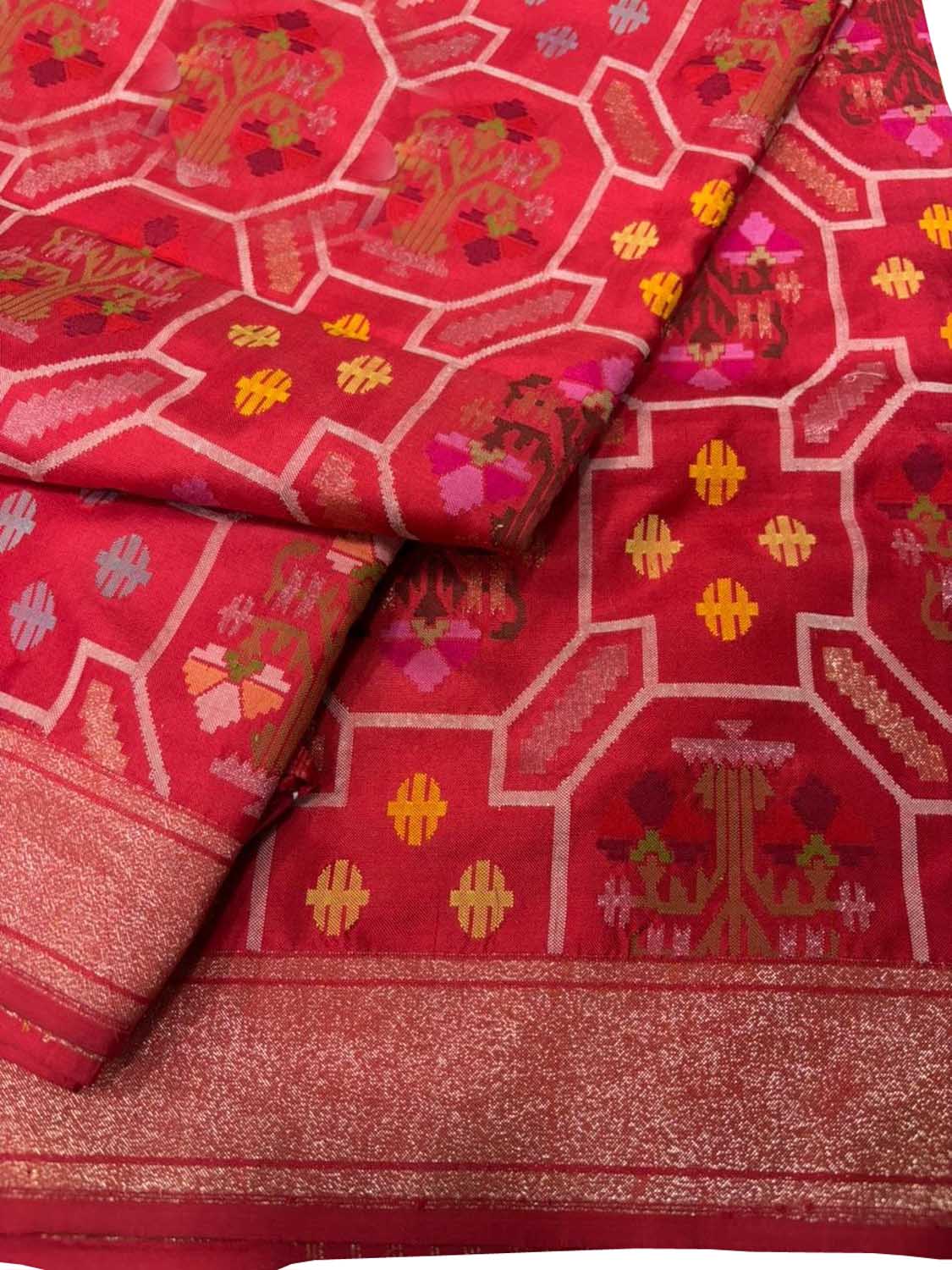 Red Pure Banarasi Jamdani Handloom Real Zari Chauth Meenakari Cotton Saree - Luxurion World