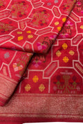 Red Pure Banarasi Jamdani Handloom Real Zari Chauth Meenakari Cotton Saree - Luxurion World