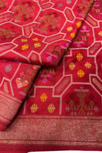 Red Pure Banarasi Jamdani Handloom Real Zari Chauth Meenakari Cotton Saree - Luxurion World