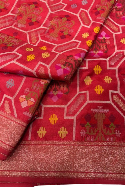 Red Pure Banarasi Jamdani Handloom Real Zari Chauth Meenakari Cotton Saree - Luxurion World