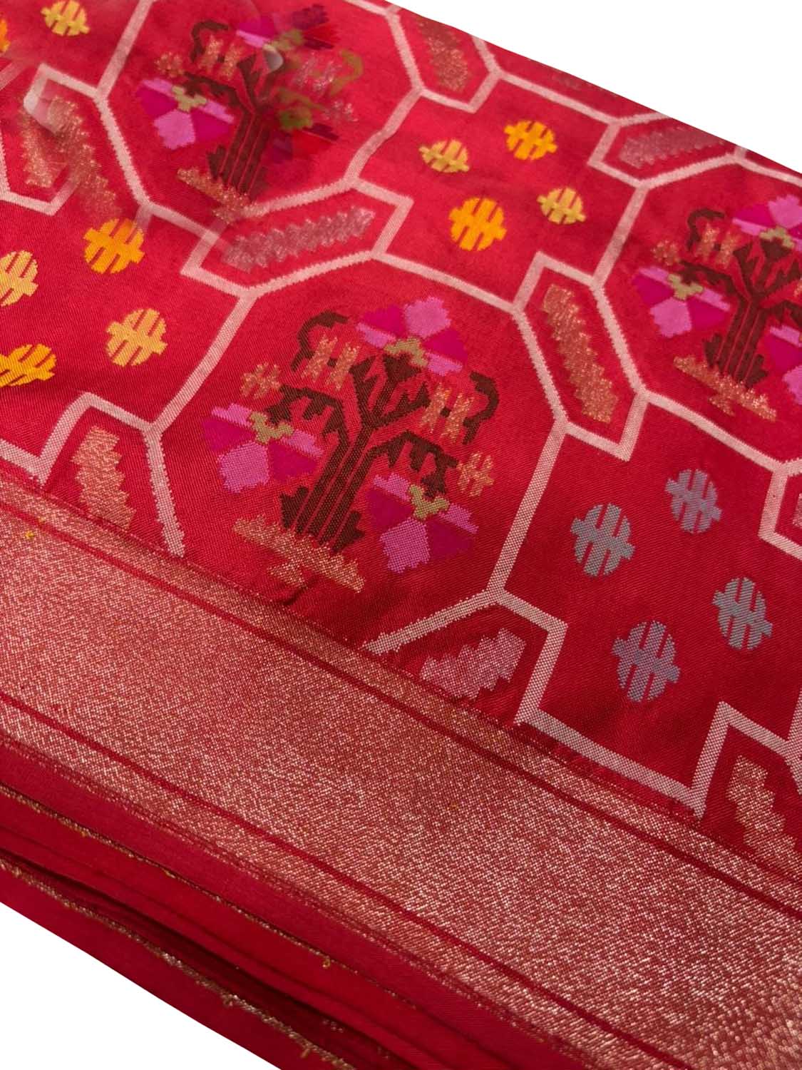 Red Pure Banarasi Jamdani Handloom Real Zari Chauth Meenakari Cotton Saree - Luxurion World
