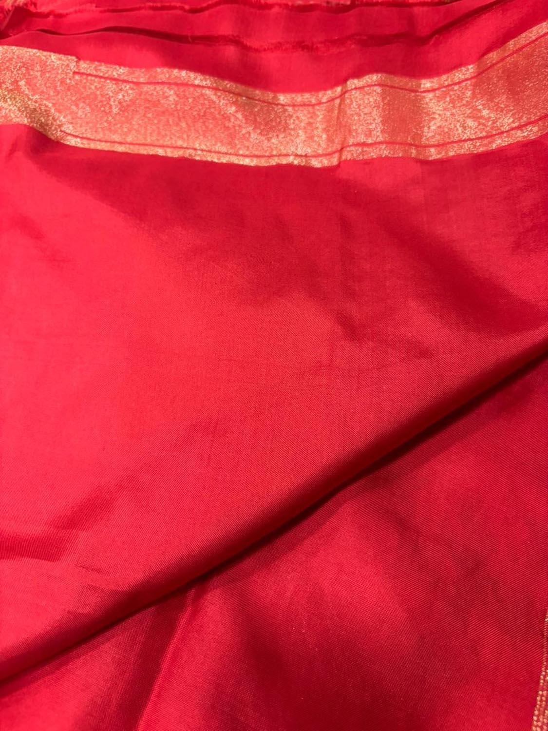 Red Pure Banarasi Jamdani Handloom Real Zari Chauth Meenakari Cotton Saree - Luxurion World