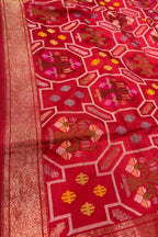 Red Pure Banarasi Jamdani Handloom Real Zari Chauth Meenakari Cotton Saree - Luxurion World