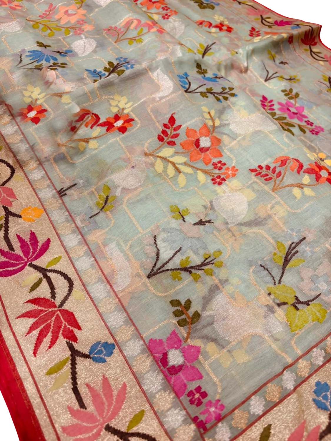 Blue Pure Banarasi Jamdani Handloom Real Zari Chauth Meenakari Cotton Saree - Luxurion World
