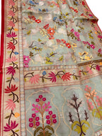 Blue Pure Banarasi Jamdani Handloom Real Zari Chauth Meenakari Cotton Saree - Luxurion World