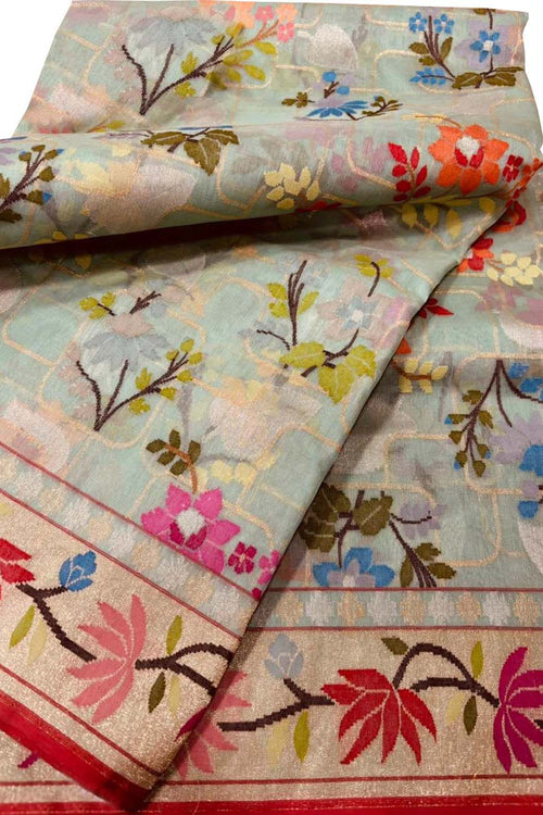 Blue Pure Banarasi Jamdani Handloom Real Zari Chauth Meenakari Cotton Saree - Luxurion World