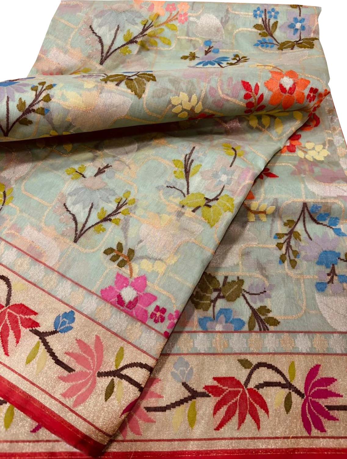 Blue Pure Banarasi Jamdani Handloom Real Zari Chauth Meenakari Cotton Saree - Luxurion World