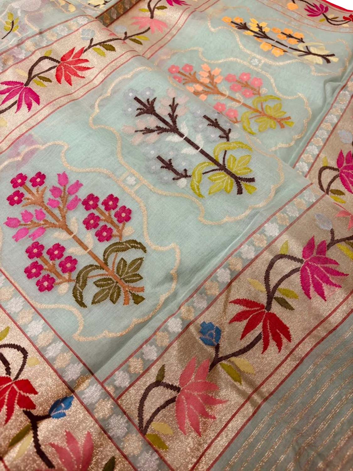 Blue Pure Banarasi Jamdani Handloom Real Zari Chauth Meenakari Cotton Saree - Luxurion World