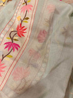 Blue Pure Banarasi Jamdani Handloom Real Zari Chauth Meenakari Cotton Saree - Luxurion World