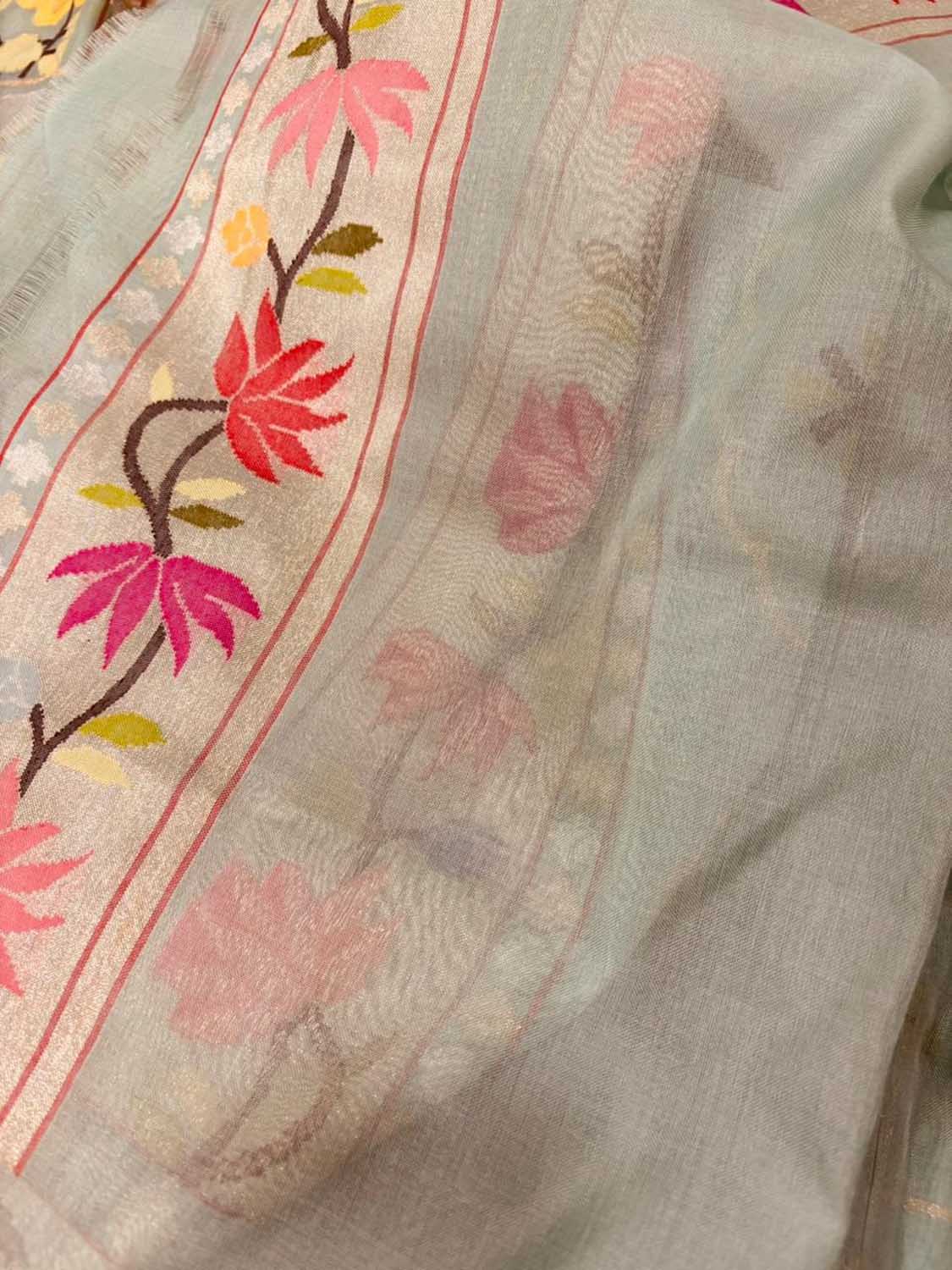 Blue Pure Banarasi Jamdani Handloom Real Zari Chauth Meenakari Cotton Saree - Luxurion World