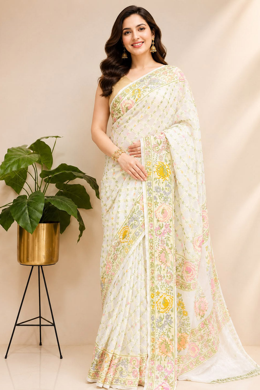 Dyeable Banarasi Pure Georgette Saree — Meenakari Flower Design, Festive