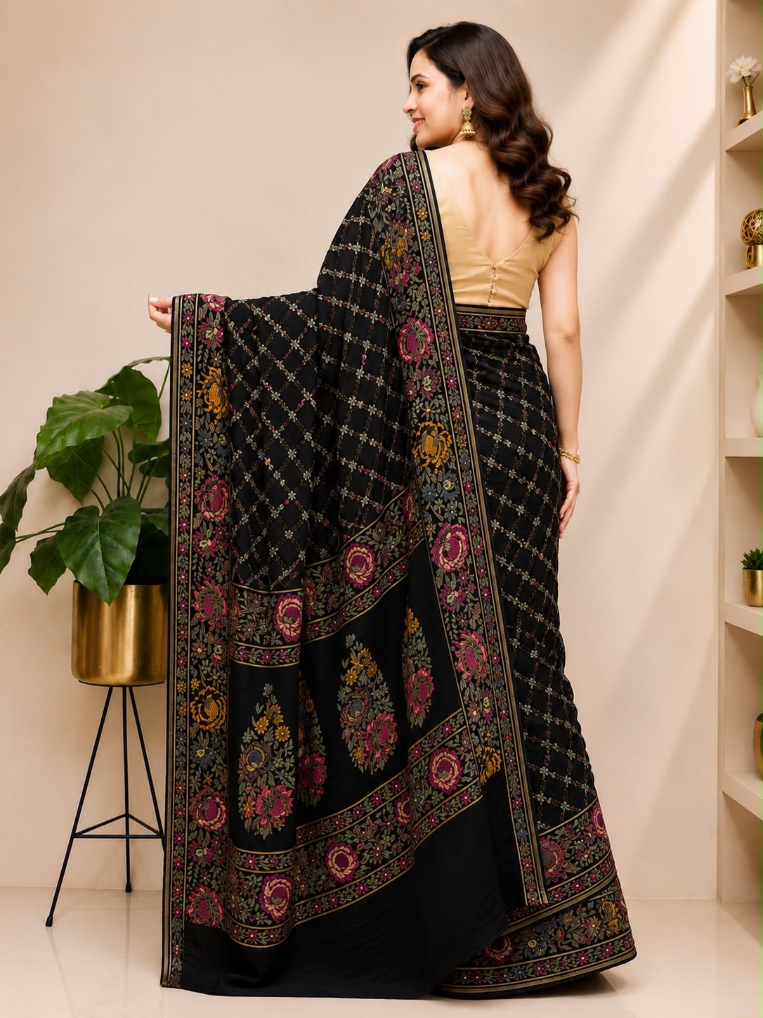 Black Banarasi Pure Georgette Saree — Meenakari Flower Design, Elegant