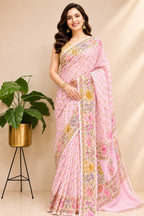 Pink Banarasi Pure Georgette Saree — Meenakari Flower Design, Bridal