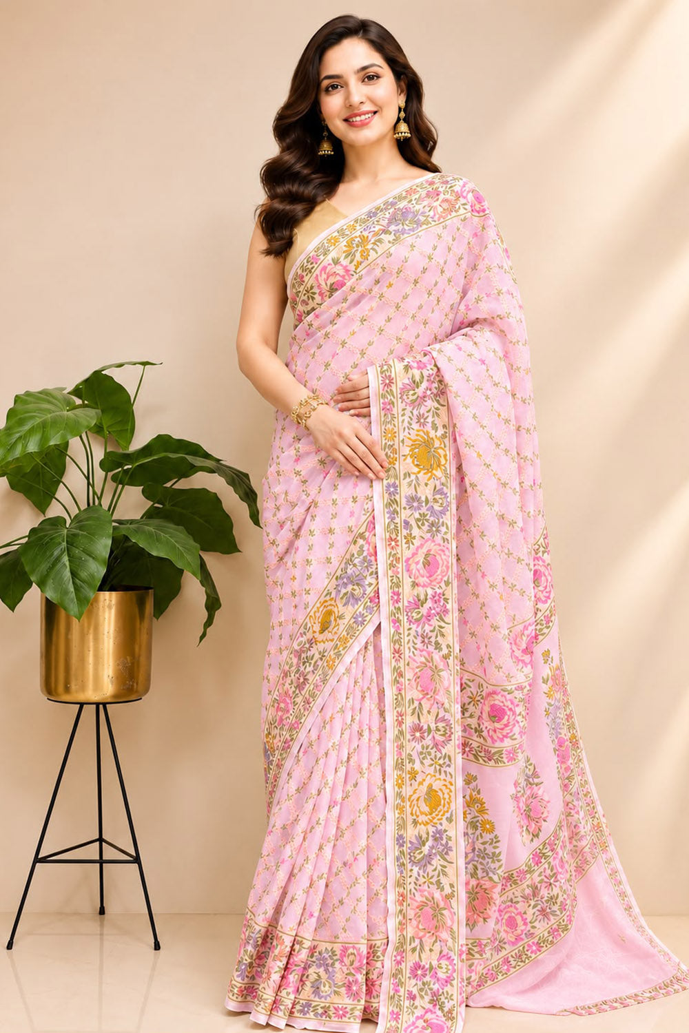 Pink Banarasi Pure Georgette Saree — Meenakari Flower Design, Bridal