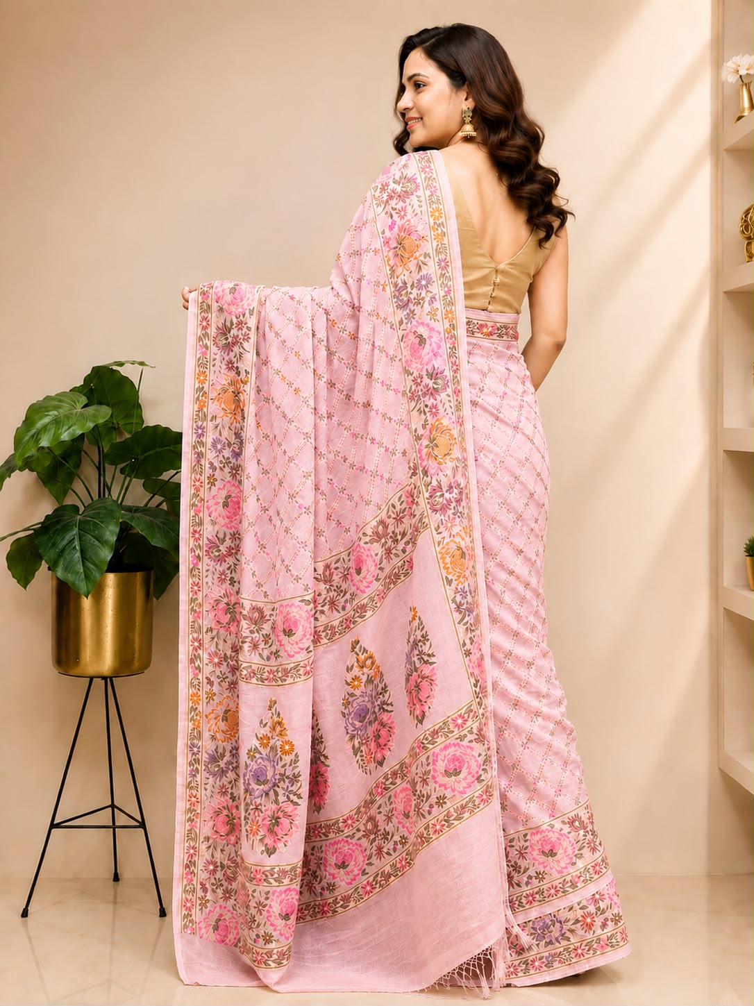 Pink Banarasi Pure Georgette Saree — Meenakari Flower Design, Bridal