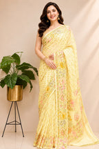 Yellow Banarasi Pure Georgette Saree — Meenakari Flower Design, Festive