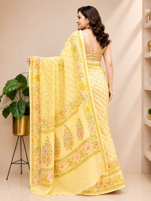 AS1B1RM126072105 Yellow Meenakari Flower Design Banarasi Pure Georgette Saree