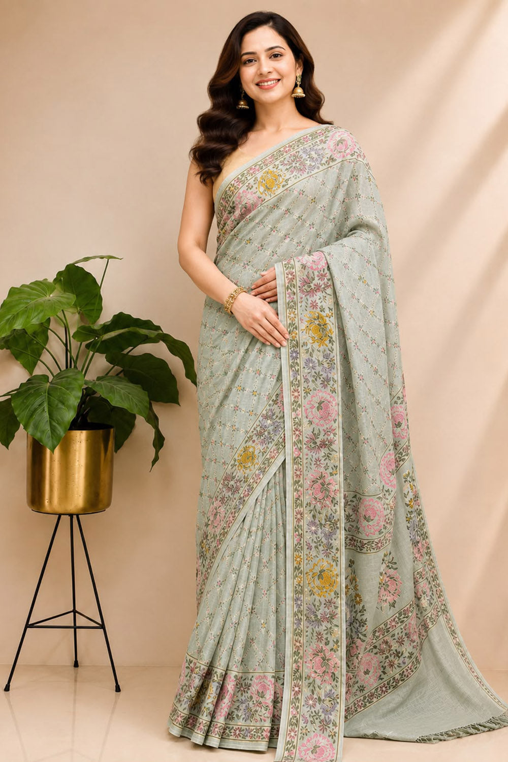 Green Banarasi Pure Georgette Saree — Meenakari Flower Design, Festive
