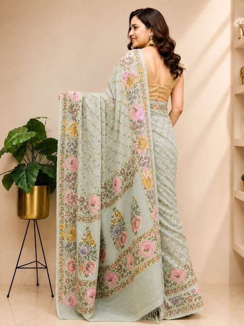 Green Meenakari Flower Design Banarasi Pure Georgette Saree