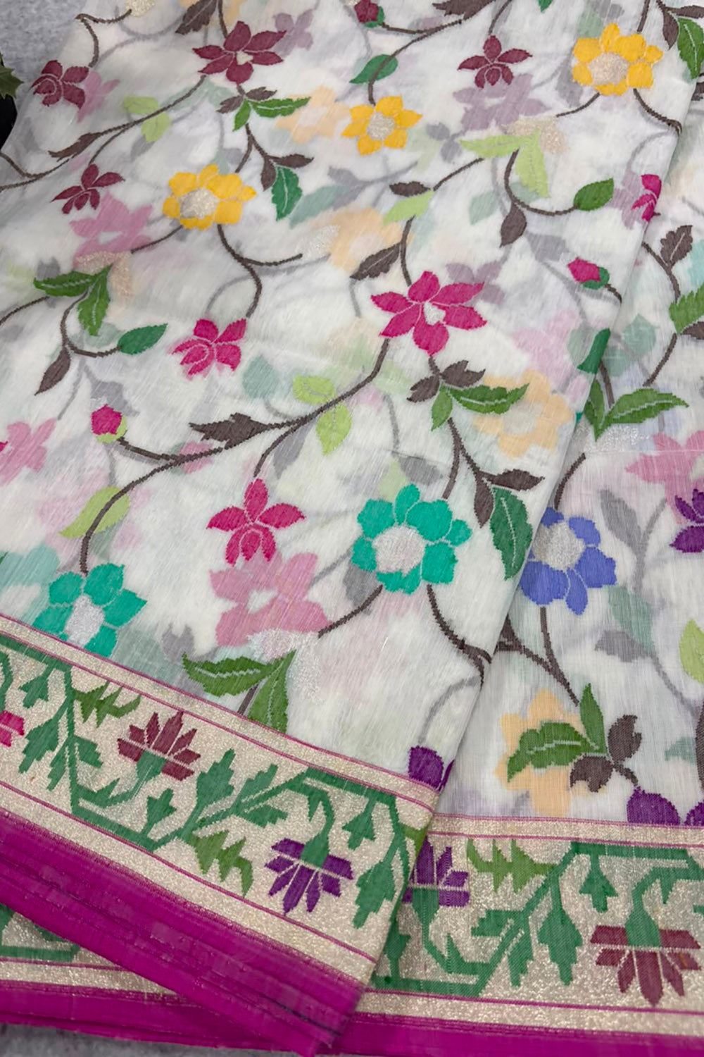 White Banarasi Jamdani Cotton Saree Real Zari Meenakari Bridal