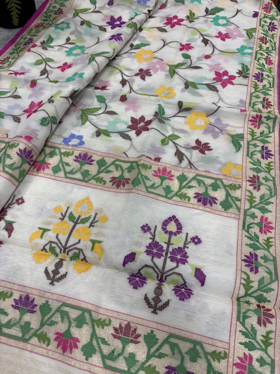White Banarasi Jamdani Cotton Saree Real Zari Meenakari Bridal