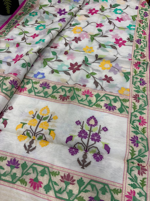 White Banarasi Jamdani Cotton Saree Real Zari Meenakari Bridal