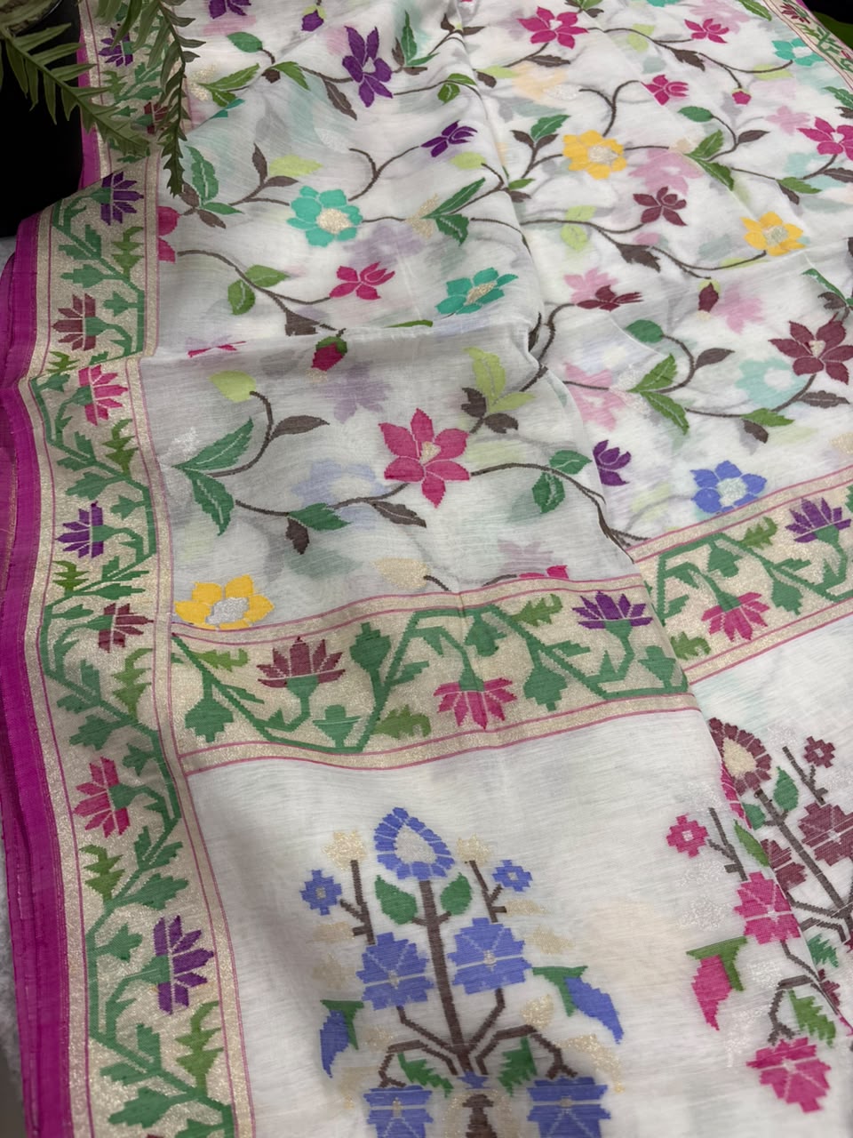 White Banarasi Jamdani Cotton Saree Real Zari Meenakari Bridal