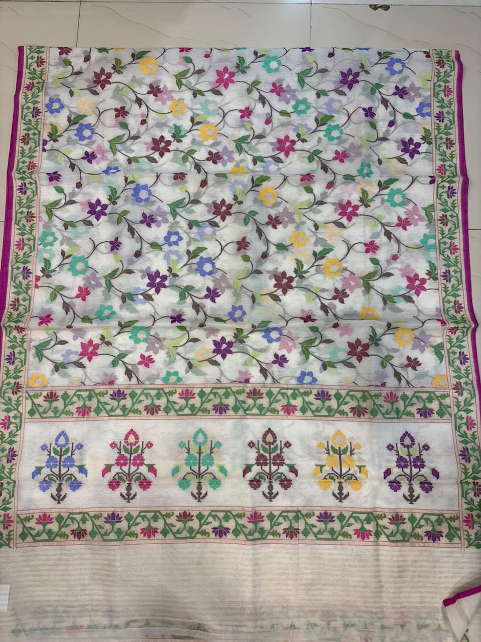 White Banarasi Jamdani Cotton Saree Real Zari Meenakari Bridal