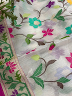 White Banarasi Jamdani Cotton Saree Real Zari Meenakari Bridal