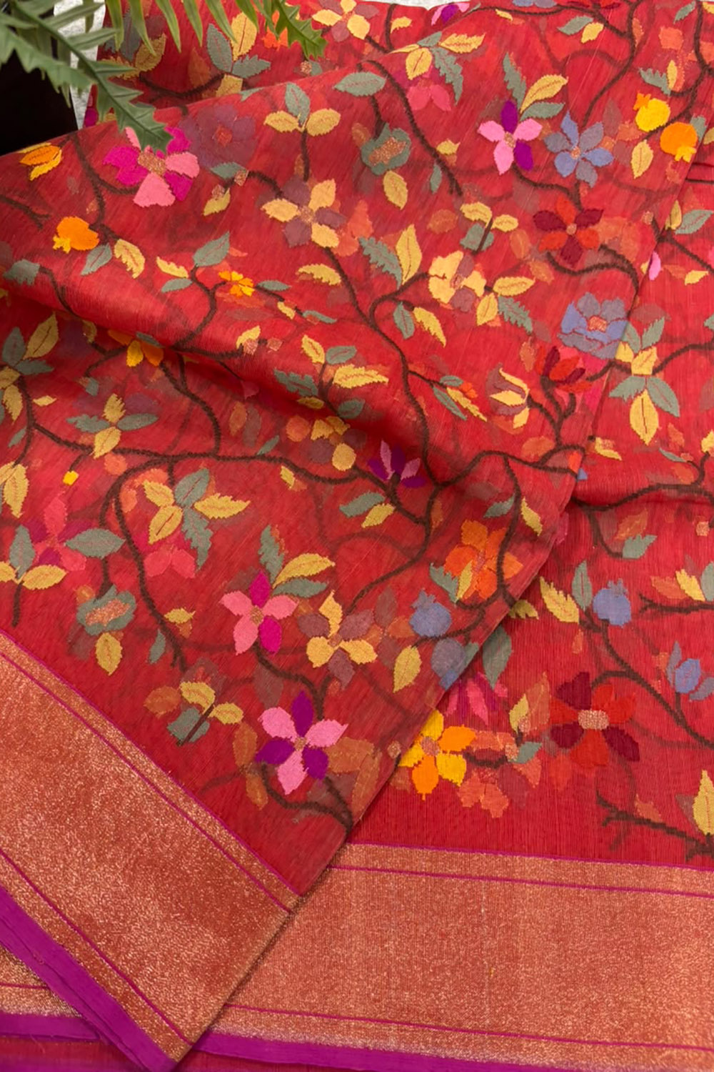 Red Banarasi Jamdani Cotton Saree Real Zari Meenakari Bridal