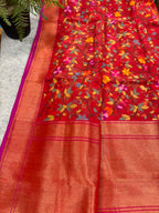 Red Banarasi Jamdani Cotton Saree Real Zari Meenakari Bridal