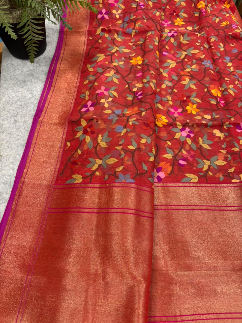 Red Banarasi Jamdani Cotton Saree Real Zari Meenakari Bridal