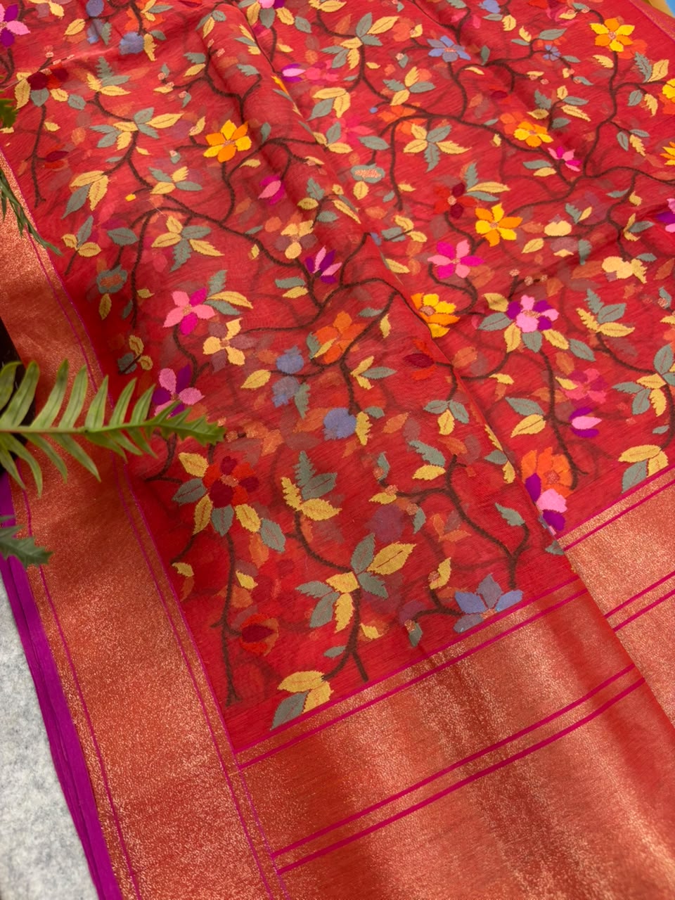Red Banarasi Jamdani Cotton Saree Real Zari Meenakari Bridal