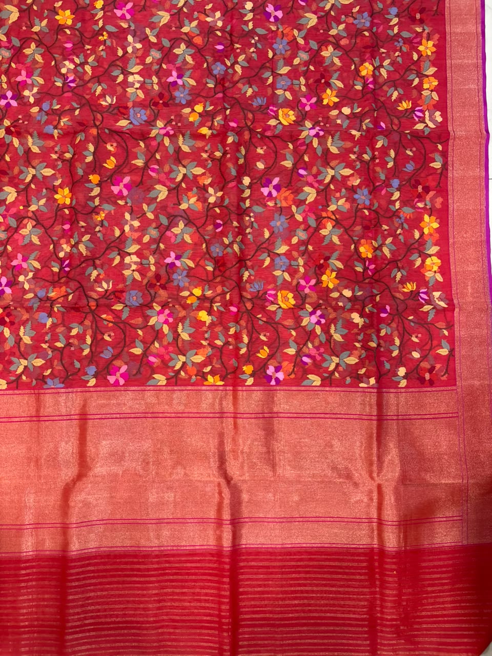 Red Banarasi Jamdani Cotton Saree Real Zari Meenakari Bridal