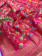Red Banarasi Jamdani Cotton Saree Real Zari Meenakari Bridal