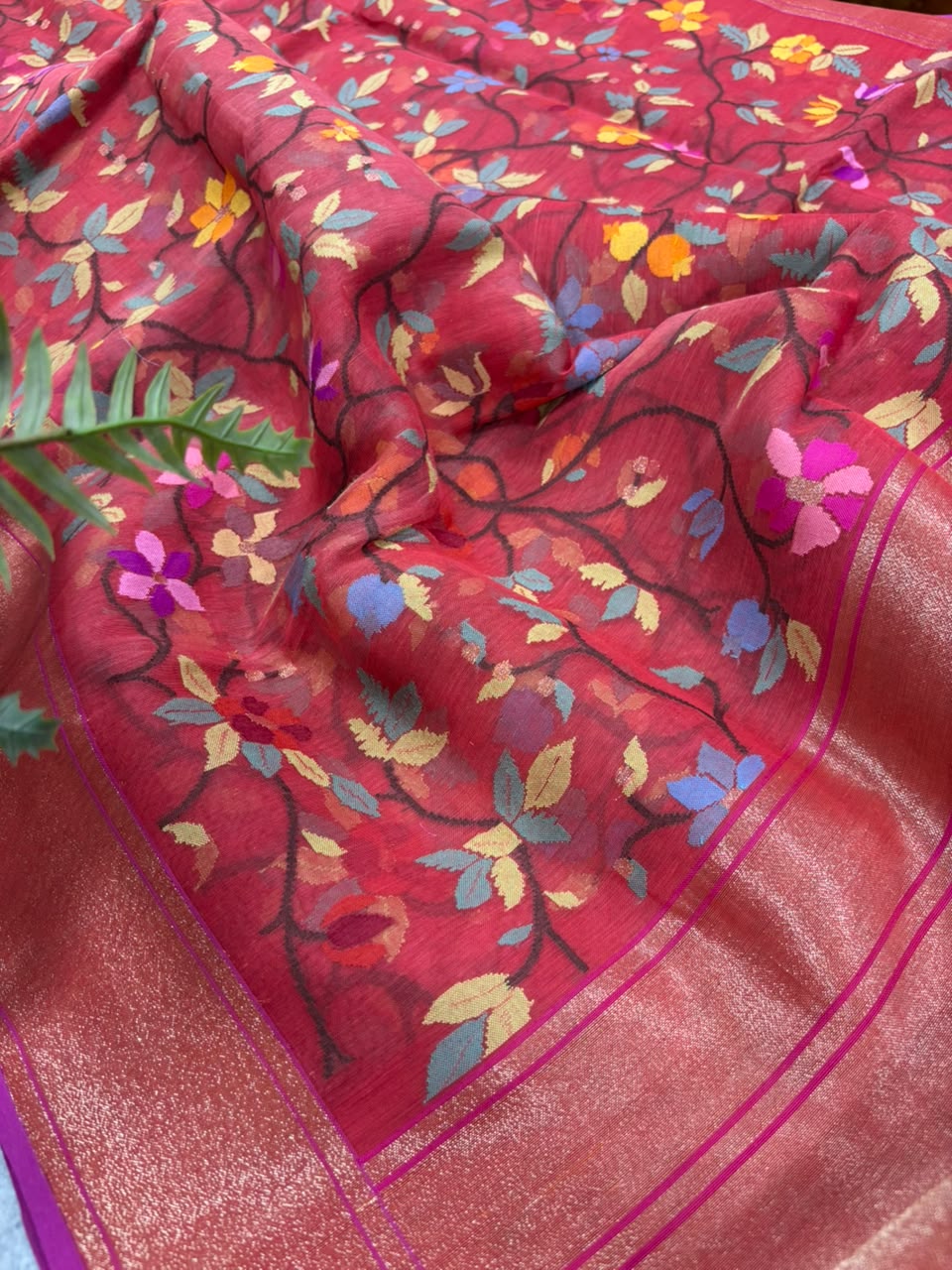 Red Banarasi Jamdani Cotton Saree Real Zari Meenakari Bridal