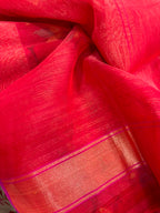 Red Banarasi Jamdani Cotton Saree Real Zari Meenakari Bridal