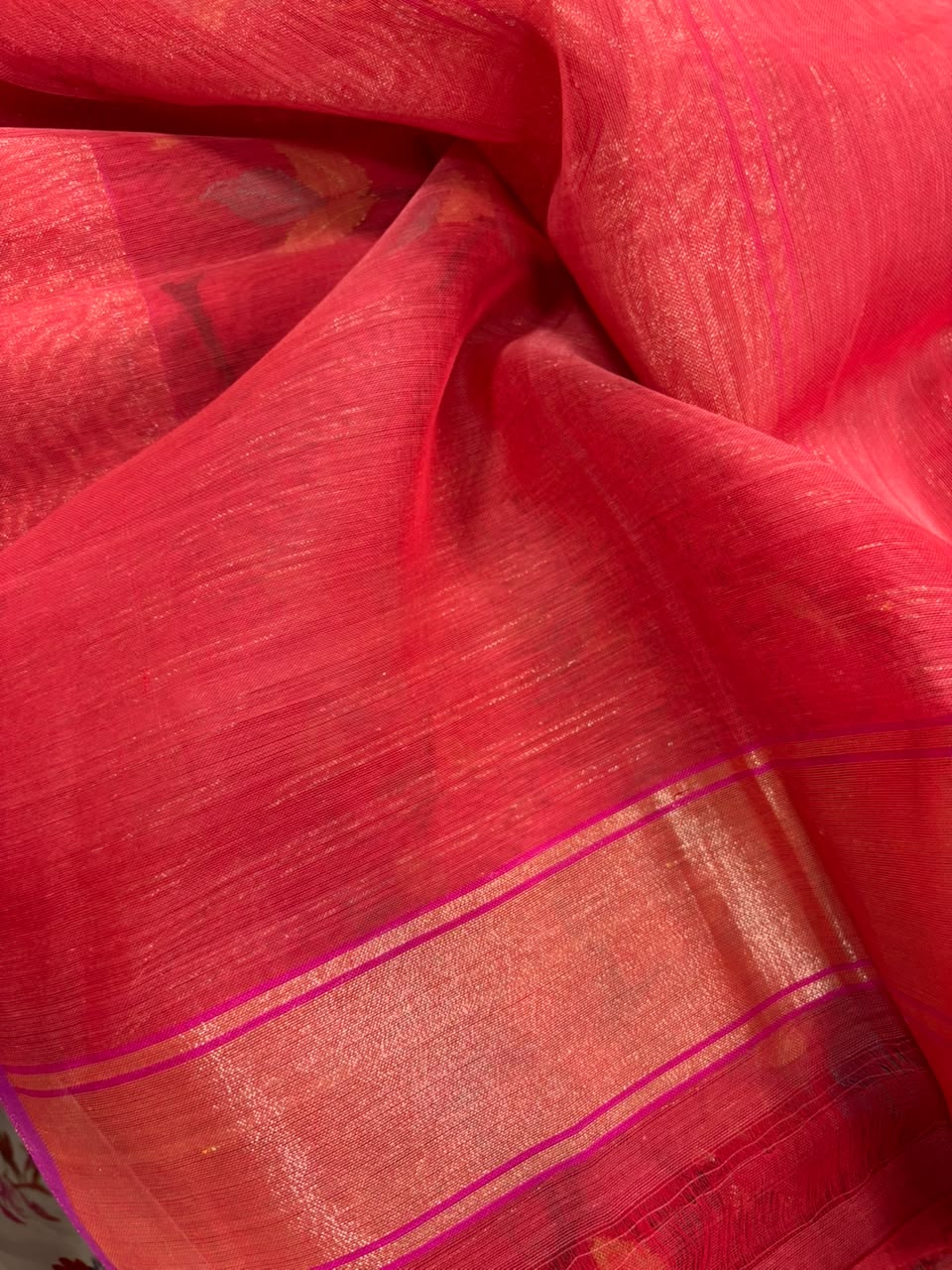 Red Banarasi Jamdani Cotton Saree Real Zari Meenakari Bridal