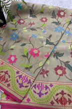 Pastel Banarasi Jamdani Cotton Saree Real Zari Meenakari Bridal