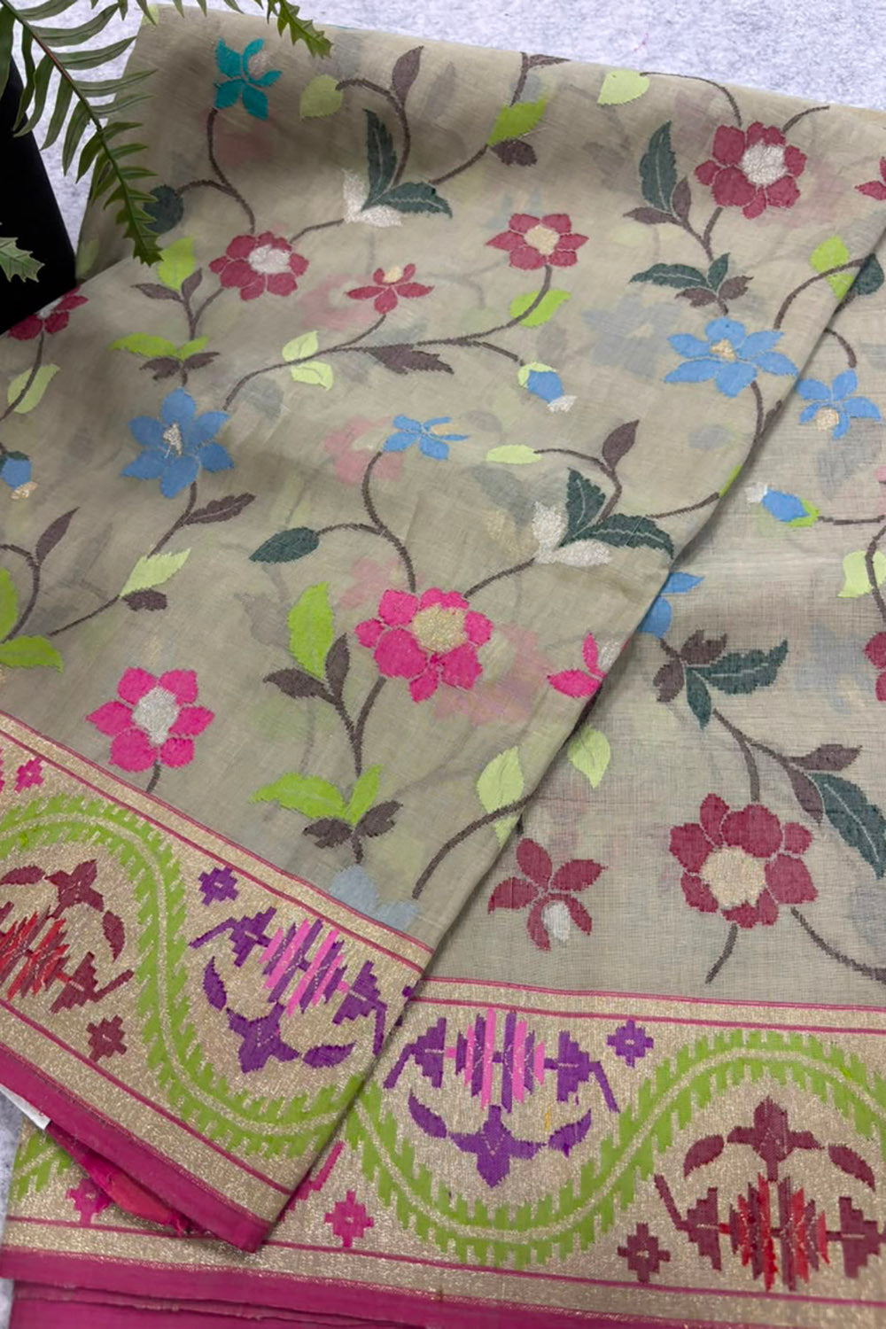 Pastel Banarasi Jamdani Cotton Saree Real Zari Meenakari Bridal